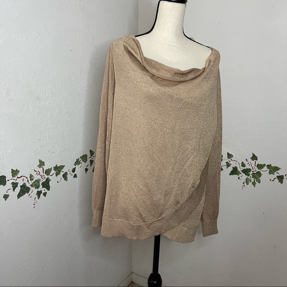 International Concepts INC Womens Gold Metallic Long Sleeve Scoop Neck Faux Wrap - Picture 3 of 15